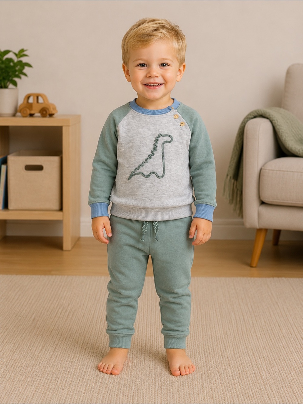 Aspen Kids Sage Green & Heather Gray Dino Jogger Set